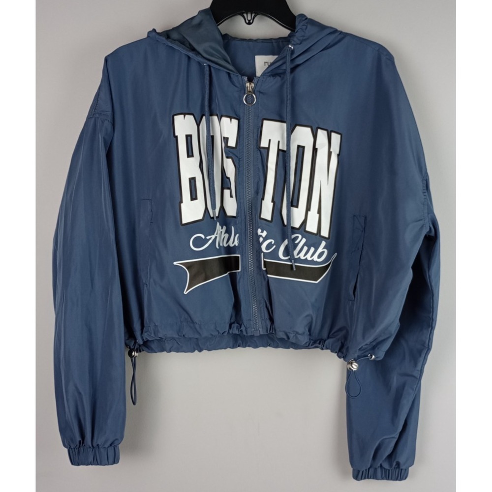 Rue 21 Womens M Blue Boston Athletic Club Cropped Drawstring Windbreaker Jacket